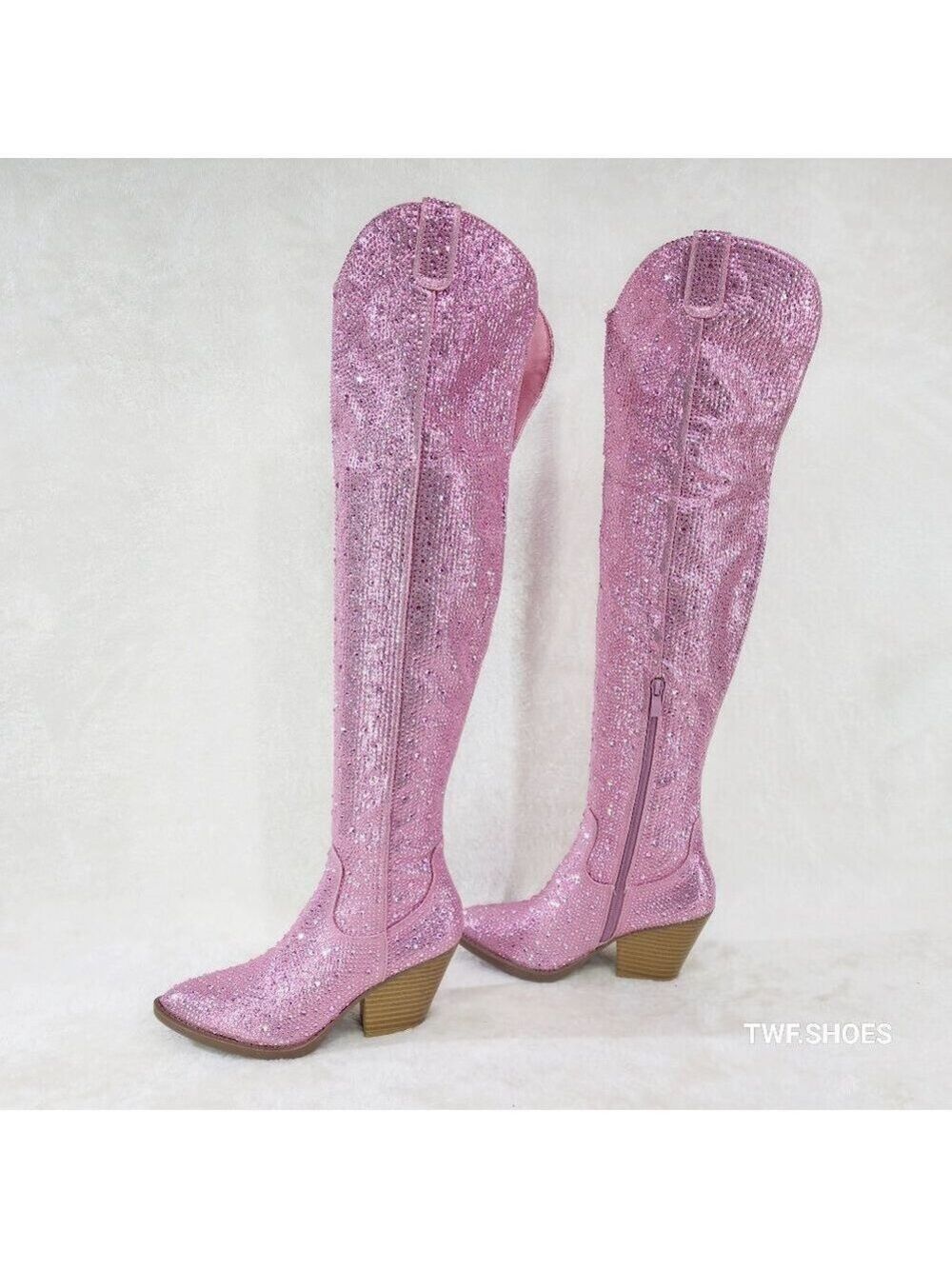 Country Glam Pink Rhinestone Disco Western Cowgirl Over The Knee Boots
